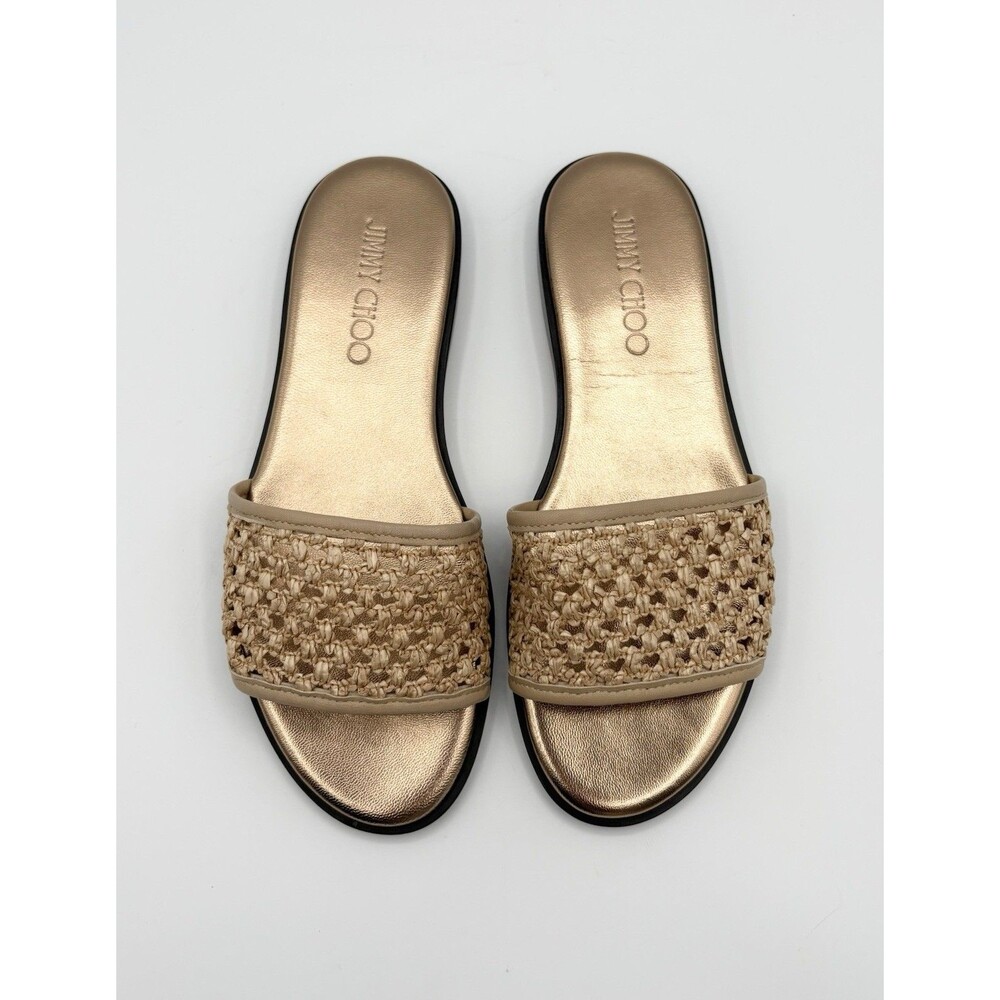 Jimmy Choo Gold Leather and Raffia Flat Slides Sandals Minea Flat EU 36